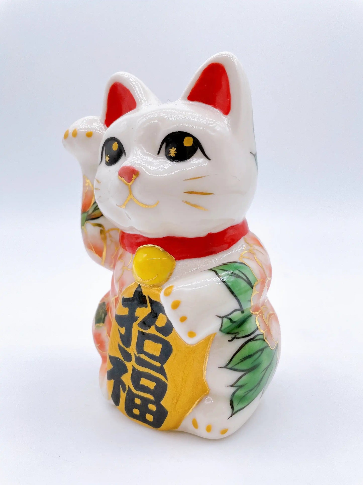 日本清水燒招財貓 色繪 牡丹 特小