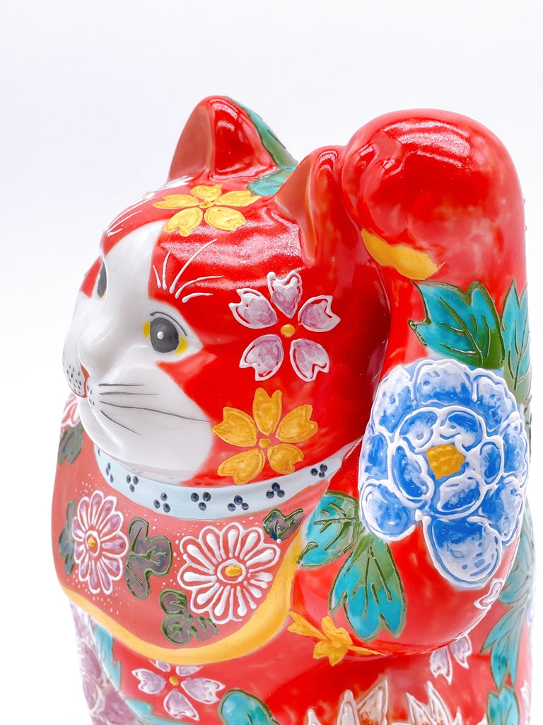 日本九谷燒招財貓 朱赤花盛牡丹