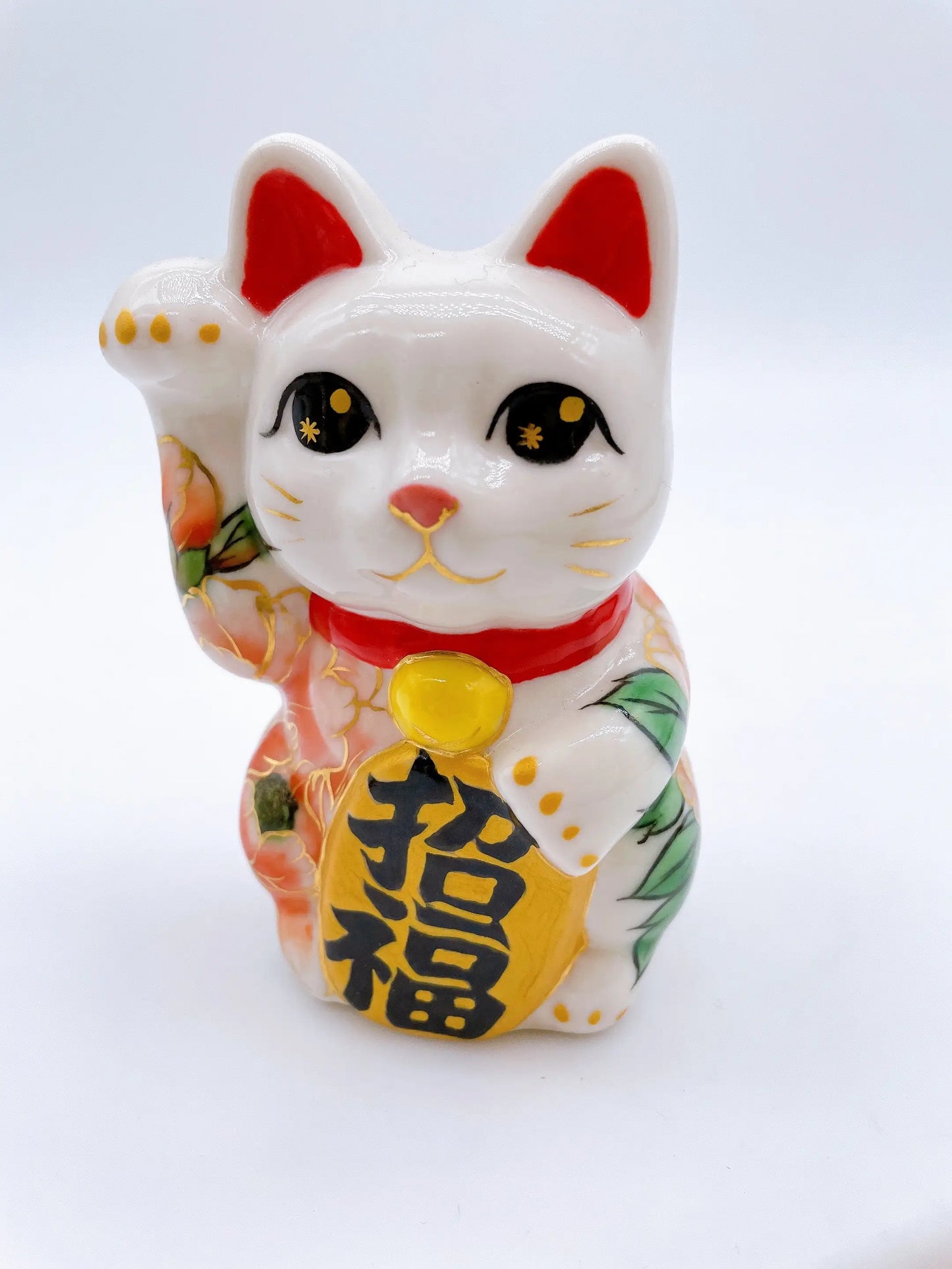 日本清水燒招財貓 色繪 牡丹 特小