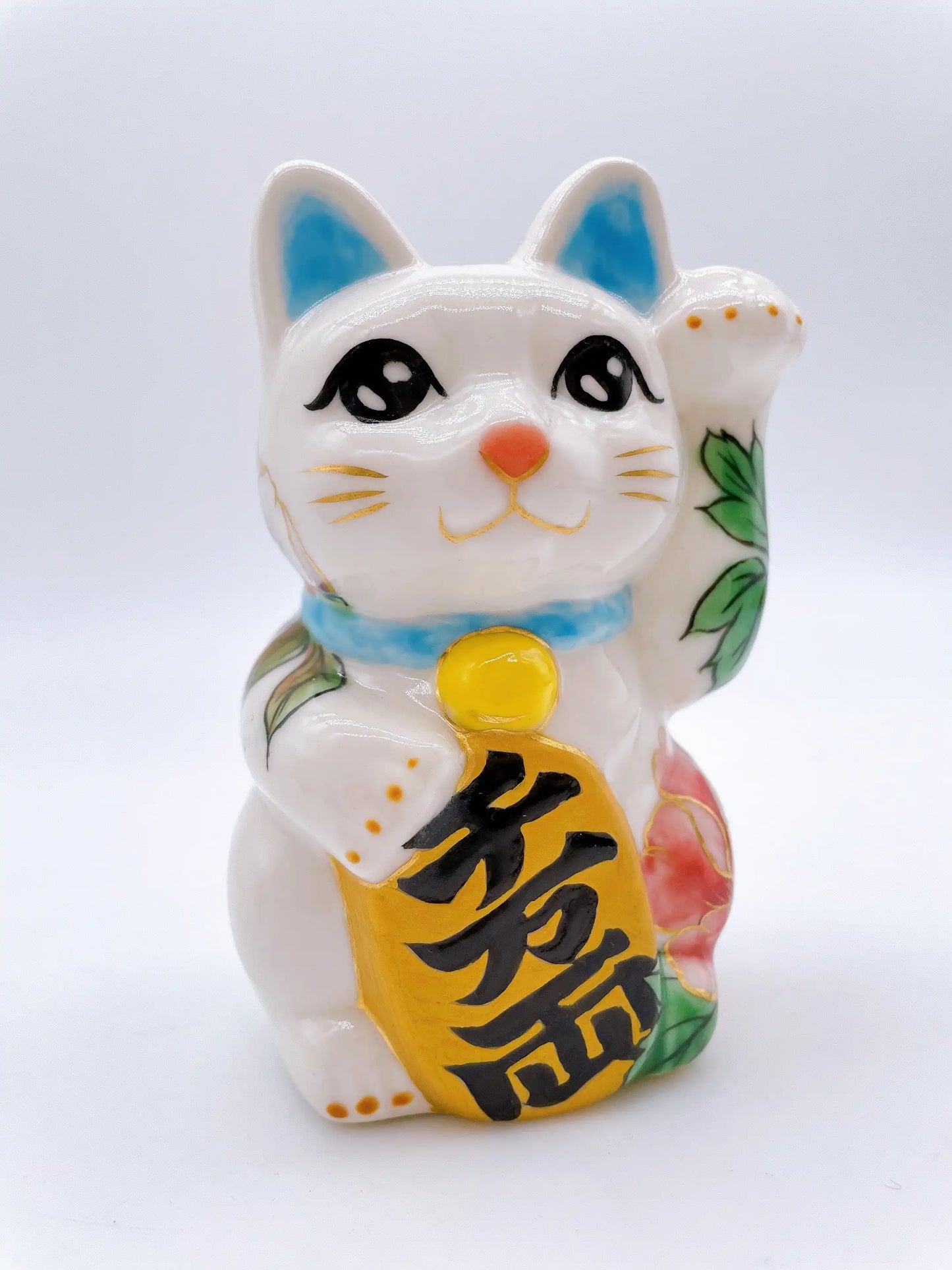 日本清水燒招財貓 色繪 牡丹 特小