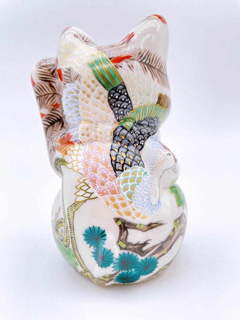 Japanese Kiyomizu-style lucky cat with white phoenix design