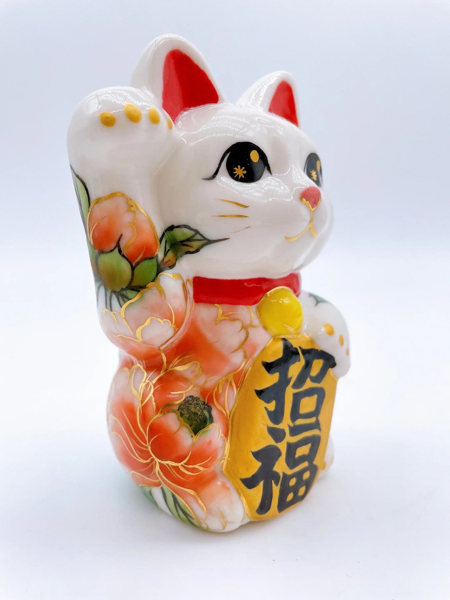 日本清水燒招財貓 色繪 牡丹 特小