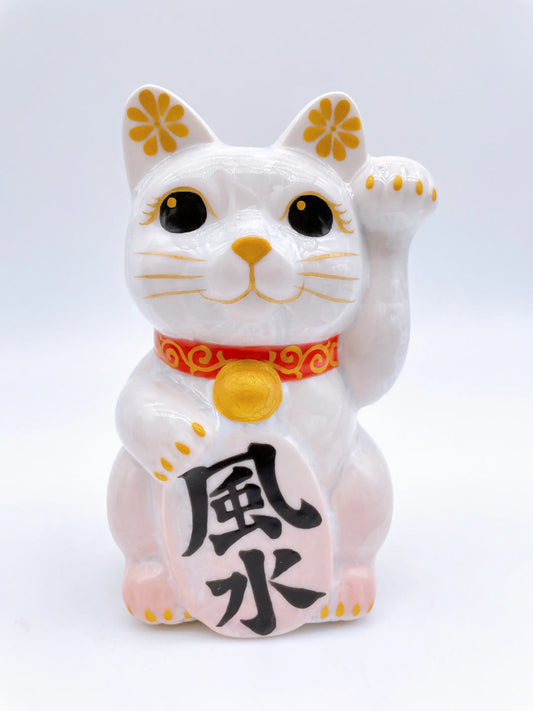 日本清水燒招財貓 花結晶 桃白 風水