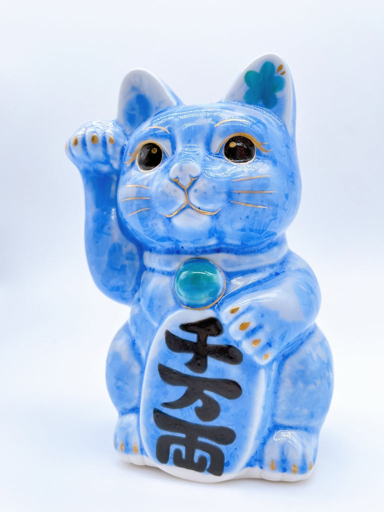 日本清水烧招财猫花结晶青