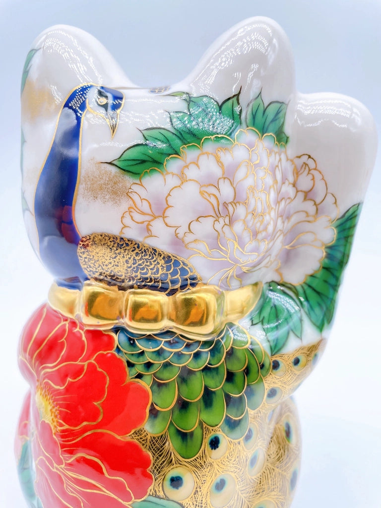 日本清水燒招財貓 孔雀牡丹圖 特大