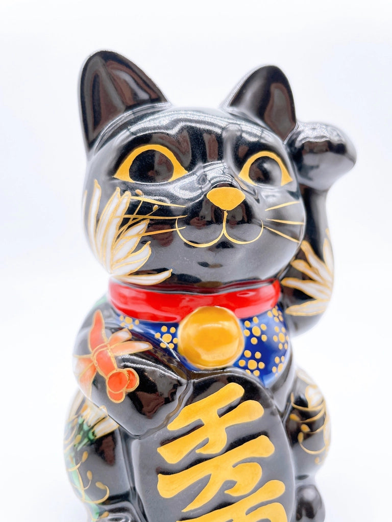 Japanese Kiyomizu-yaki lucky cat with manjusaka flowers