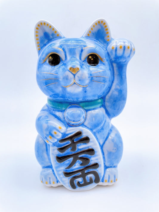 日本清水燒招財貓 花結晶 青