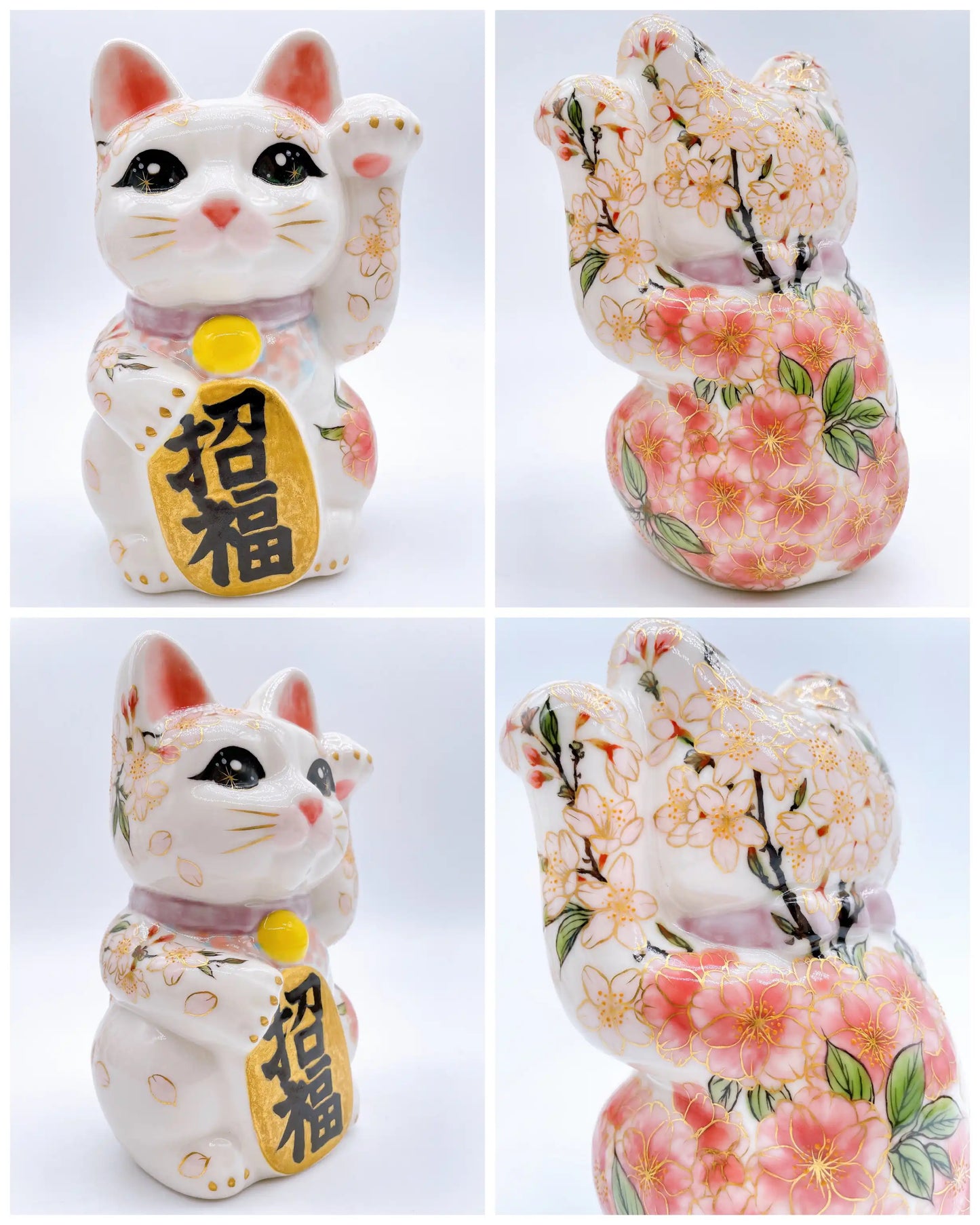 日本清水燒招財貓 色繪 八重櫻 中號