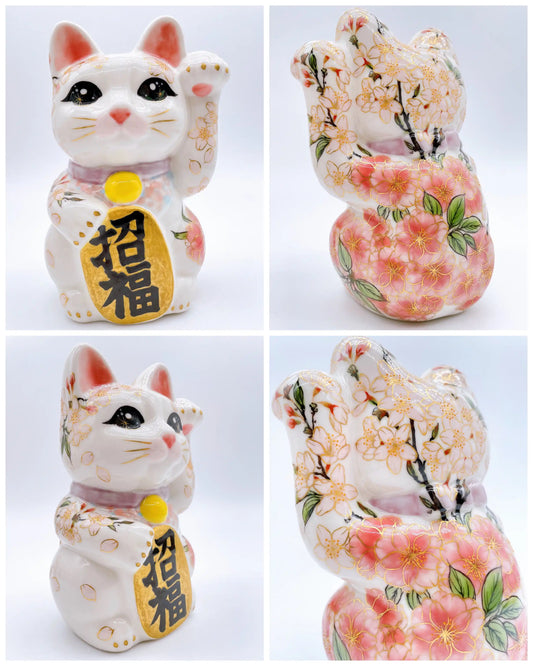日本清水燒招財貓 色繪 八重櫻 中號