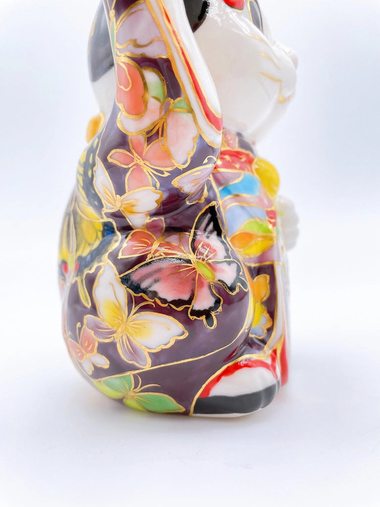 Japanese Kiyomizu-yaki lucky cat enamel painting Maiko Butterfly