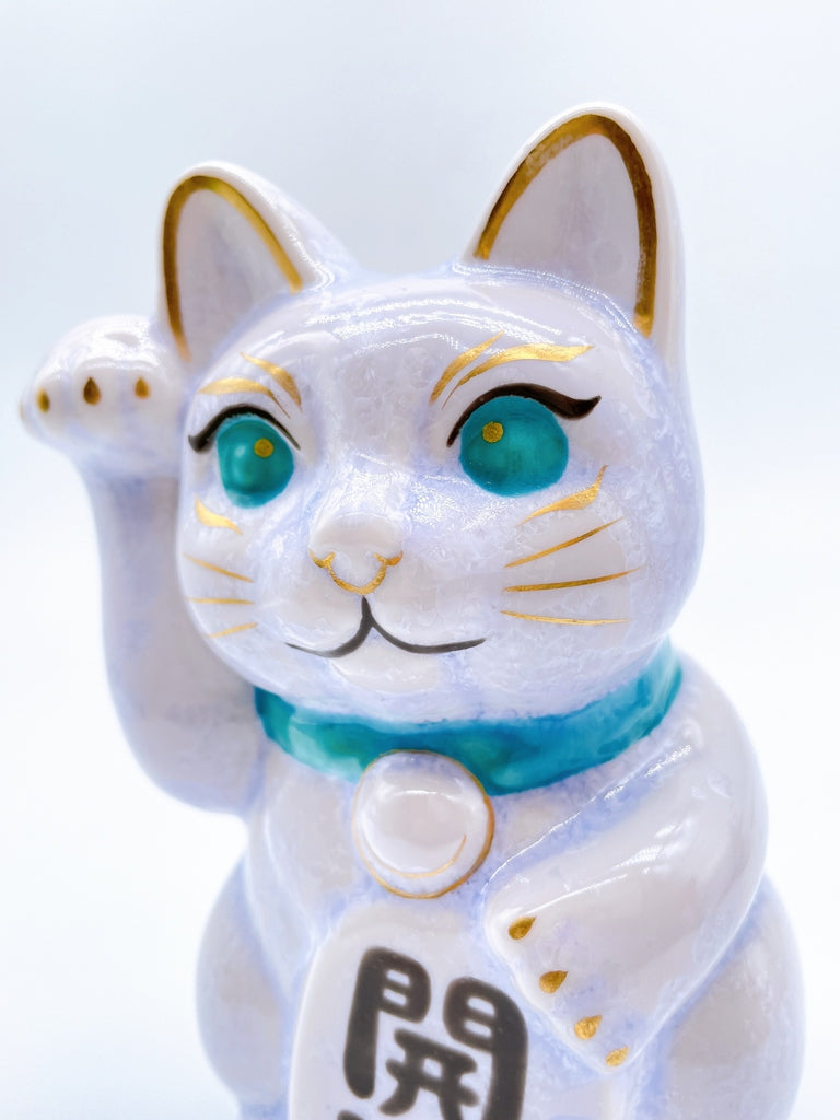 日本清水烧招财猫 花结晶 紫蓝 开运