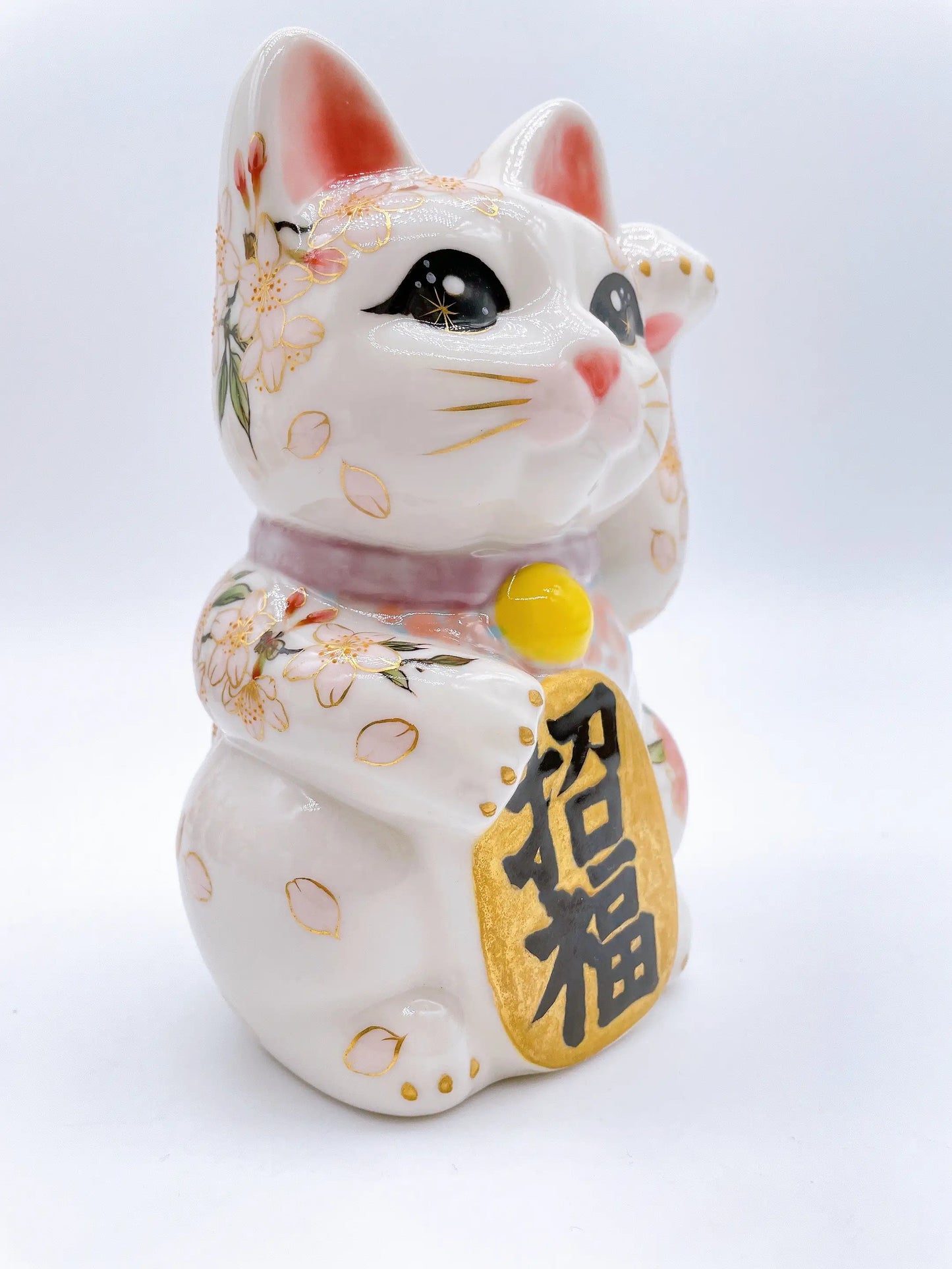 日本清水燒招財貓 色繪 八重櫻 中號