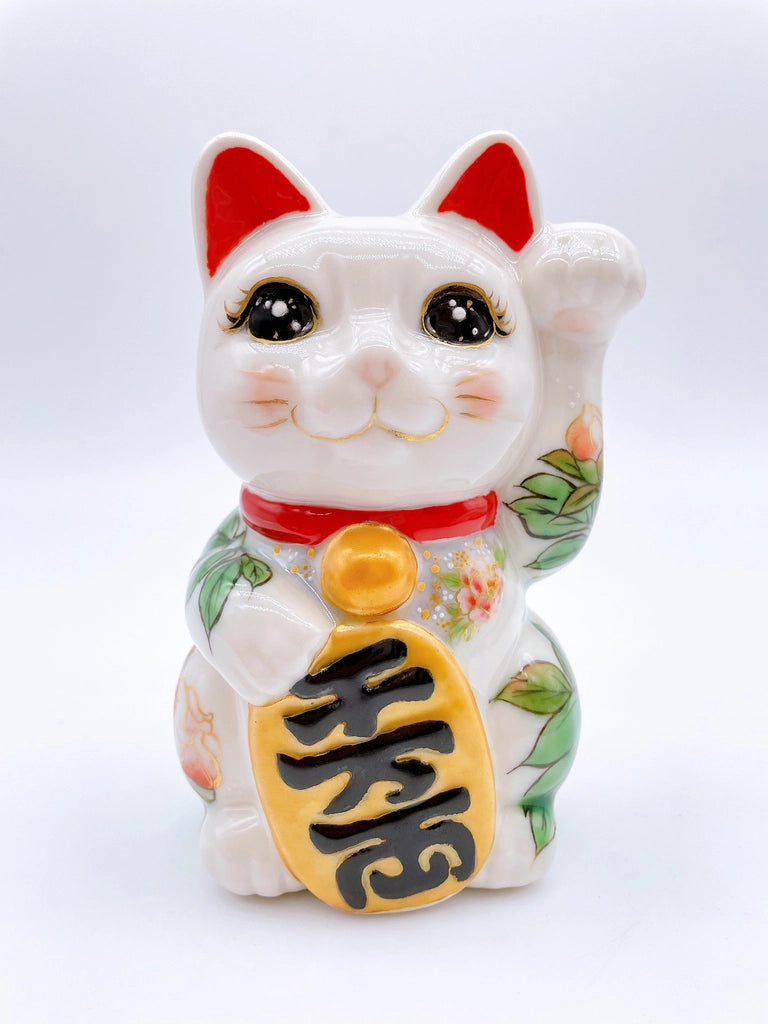 日本清水燒招財貓 白地 牡丹
