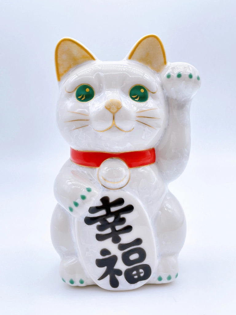 日本清水烧招财猫花结晶白翠幸福
