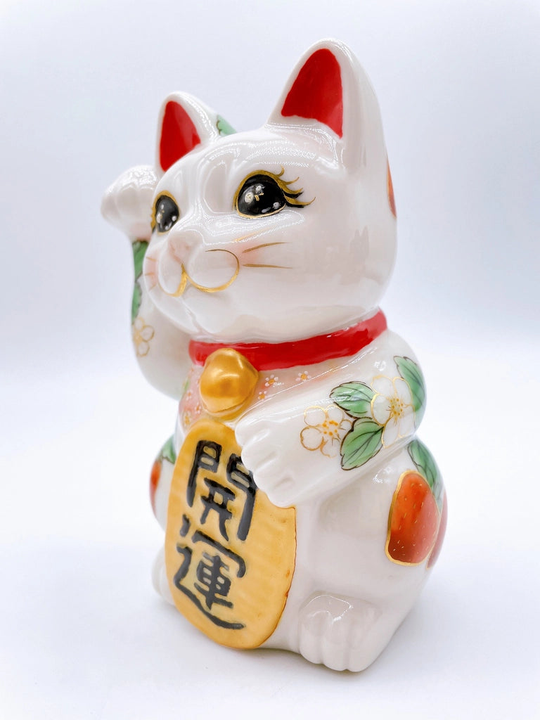 Japanese Shimizu-yaki lucky cat with white strawberry