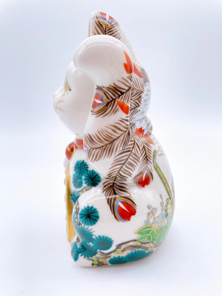 Japanese Kiyomizu-style lucky cat with white phoenix design
