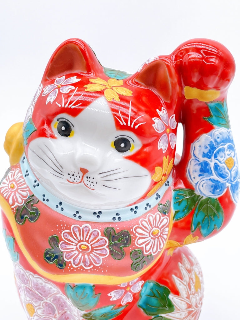 日本九谷燒招財貓 朱赤花盛牡丹