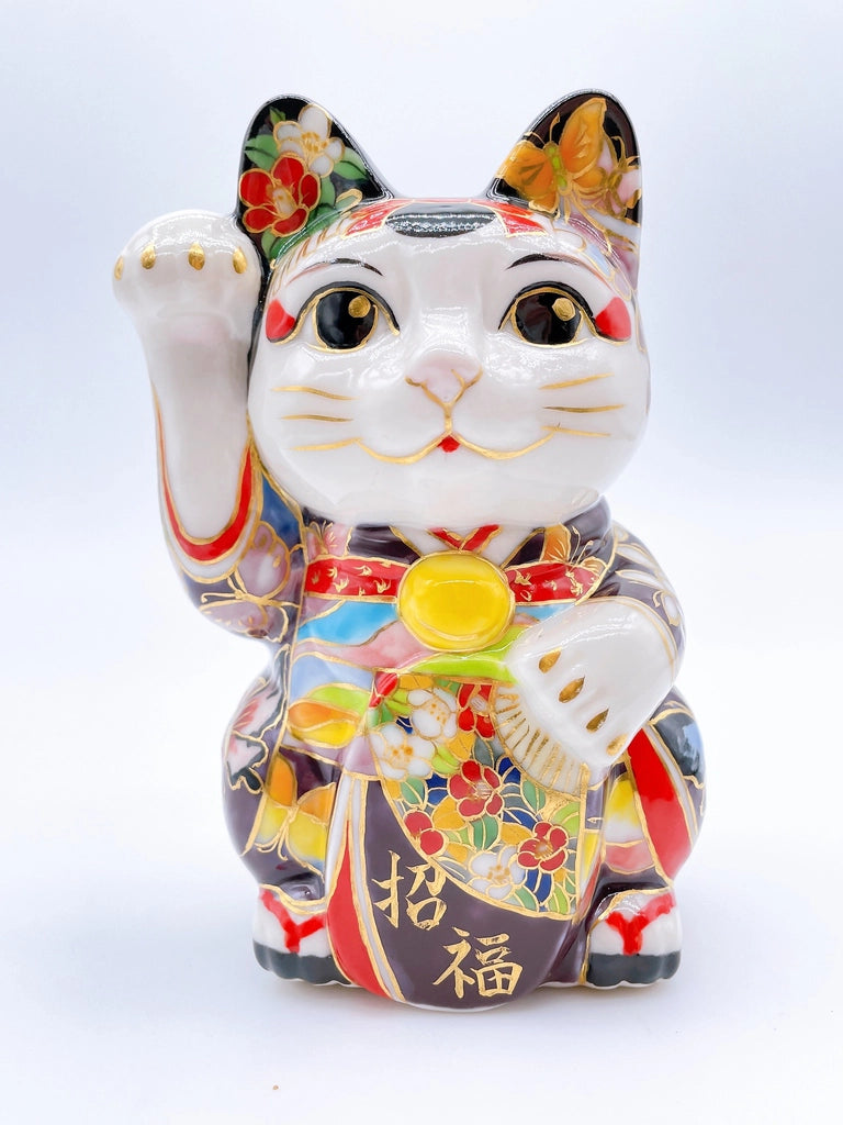 Japanese Kiyomizu-yaki lucky cat enamel painting Maiko Butterfly