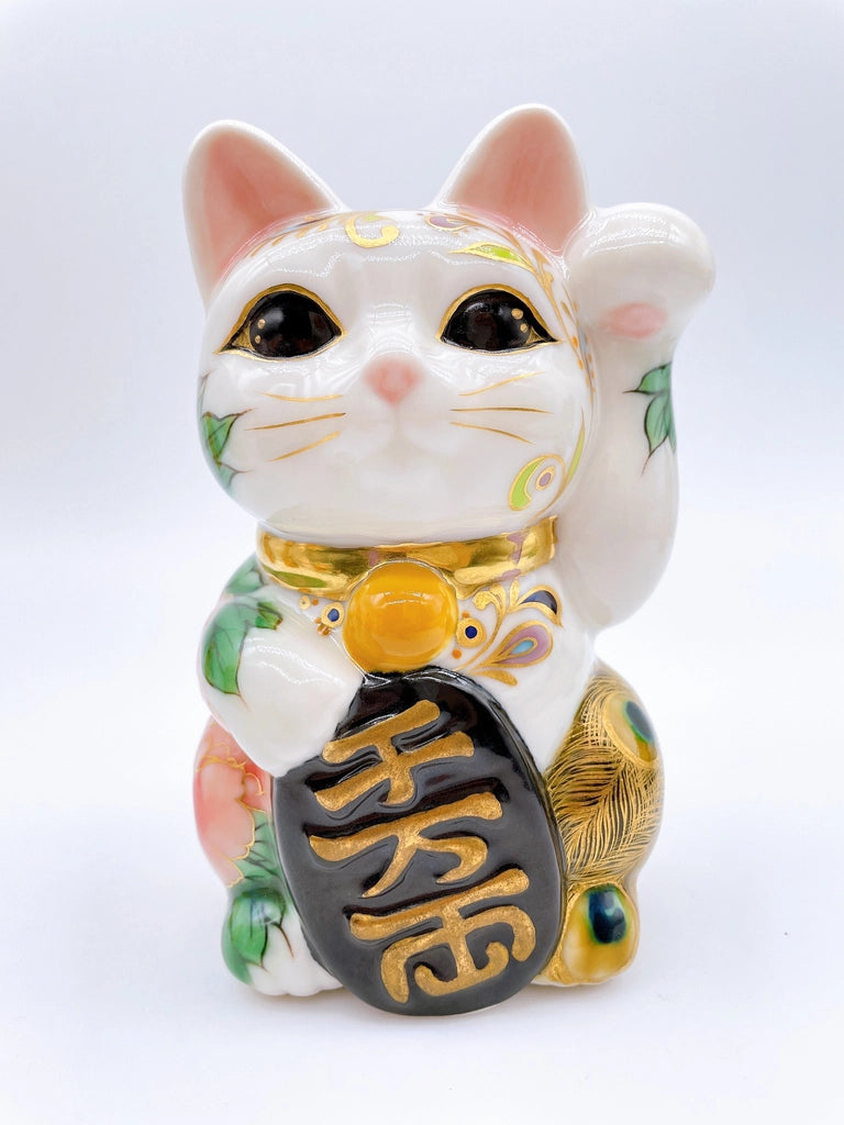 日本清水燒招財貓 孔雀牡丹圖
