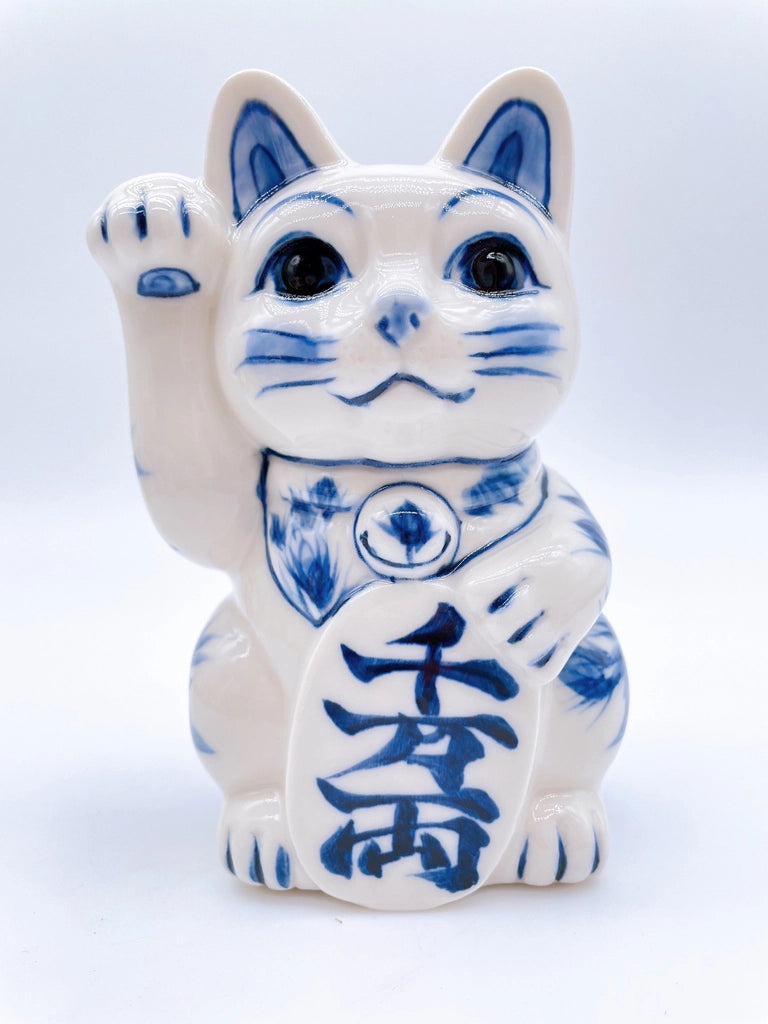 日本清水烧招财猫染付千万両右手