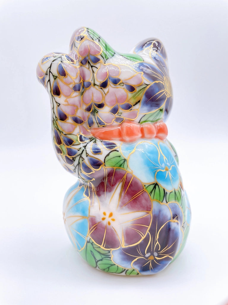 Japanese Kiyomizu-style lucky cat (pink and green vines)