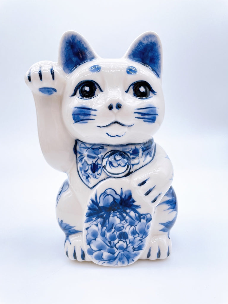 日本清水烧招财猫染付牡丹