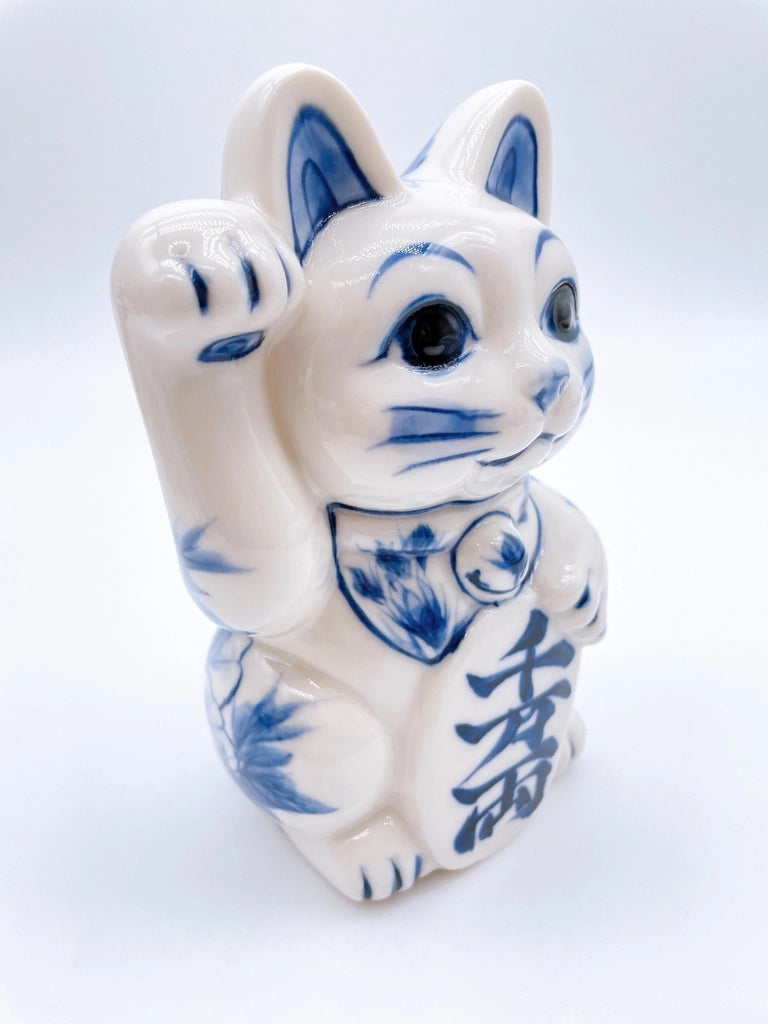 日本清水烧招财猫染付千万両右手