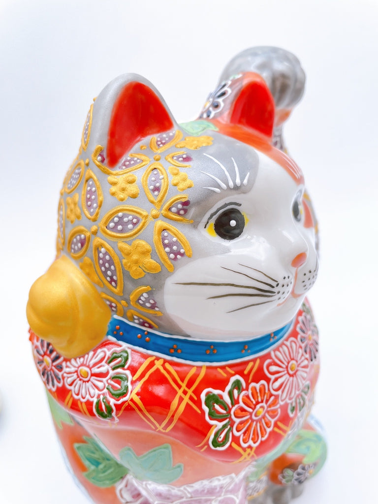 日本九谷燒招財貓 銀赤花盛 牡丹