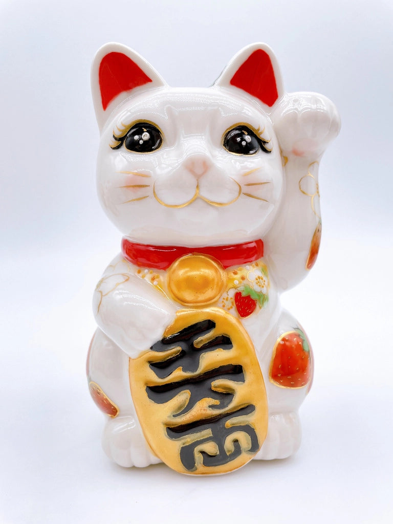 Japanese Shimizu-yaki lucky cat with white strawberry
