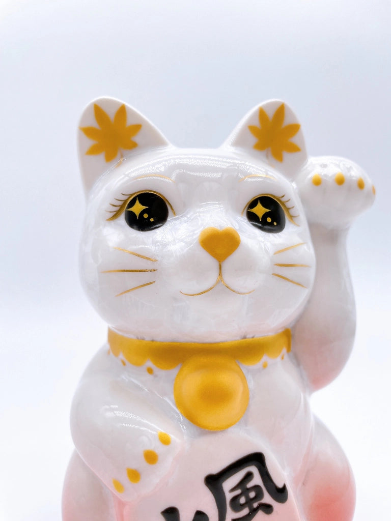 日本清水烧招财猫花结晶白桃