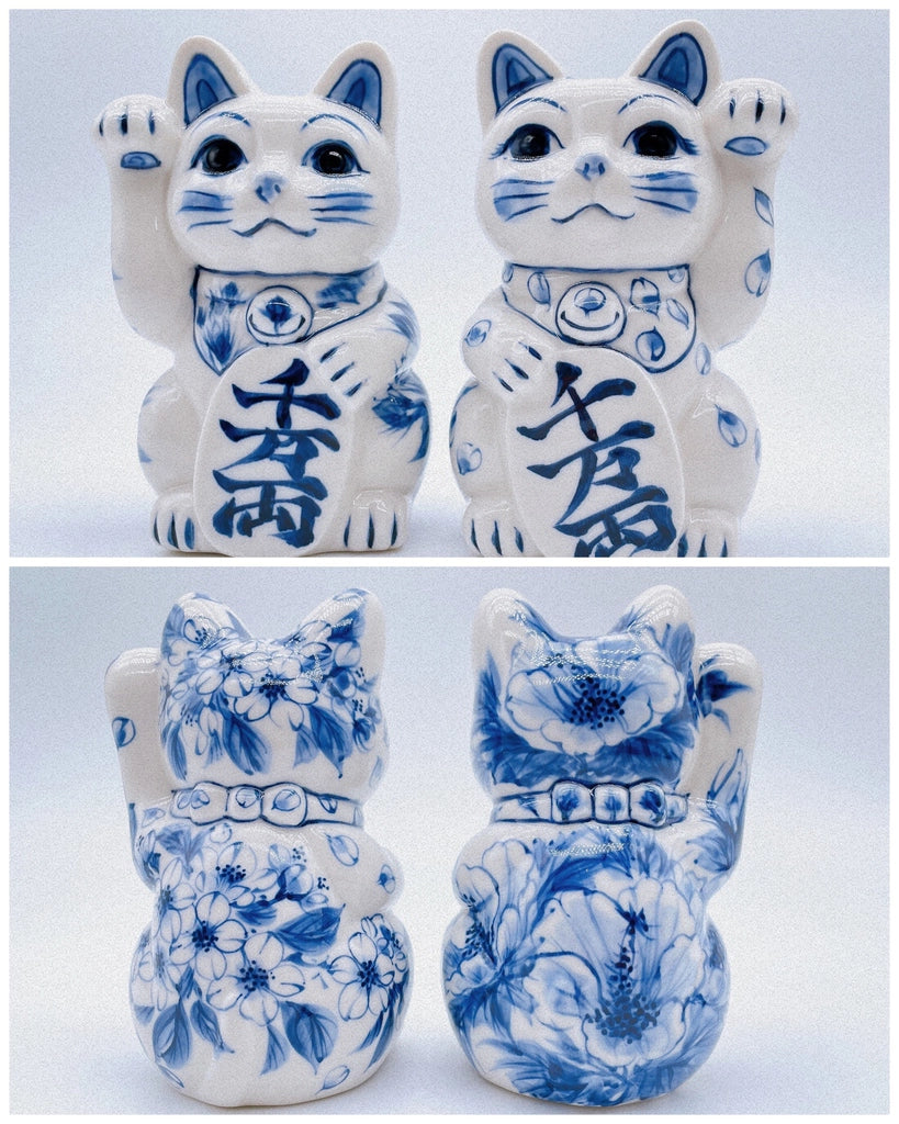 日本清水烧招财猫染付千万両右手