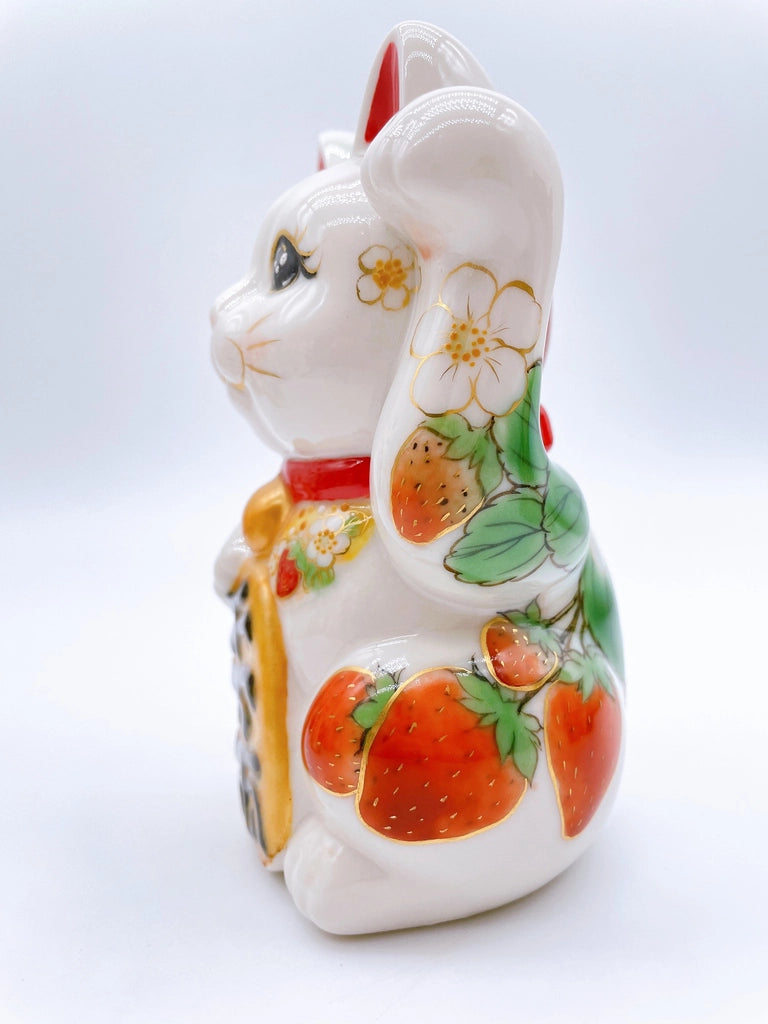 Japanese Shimizu-yaki lucky cat with white strawberry