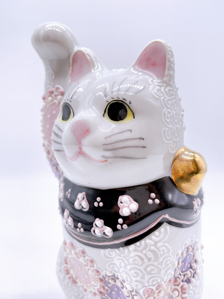 Japanese Kutani Ware Lucky Cat with Large Purple Flowers