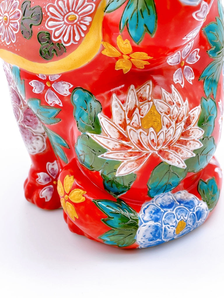 日本九谷燒招財貓 朱赤花盛牡丹