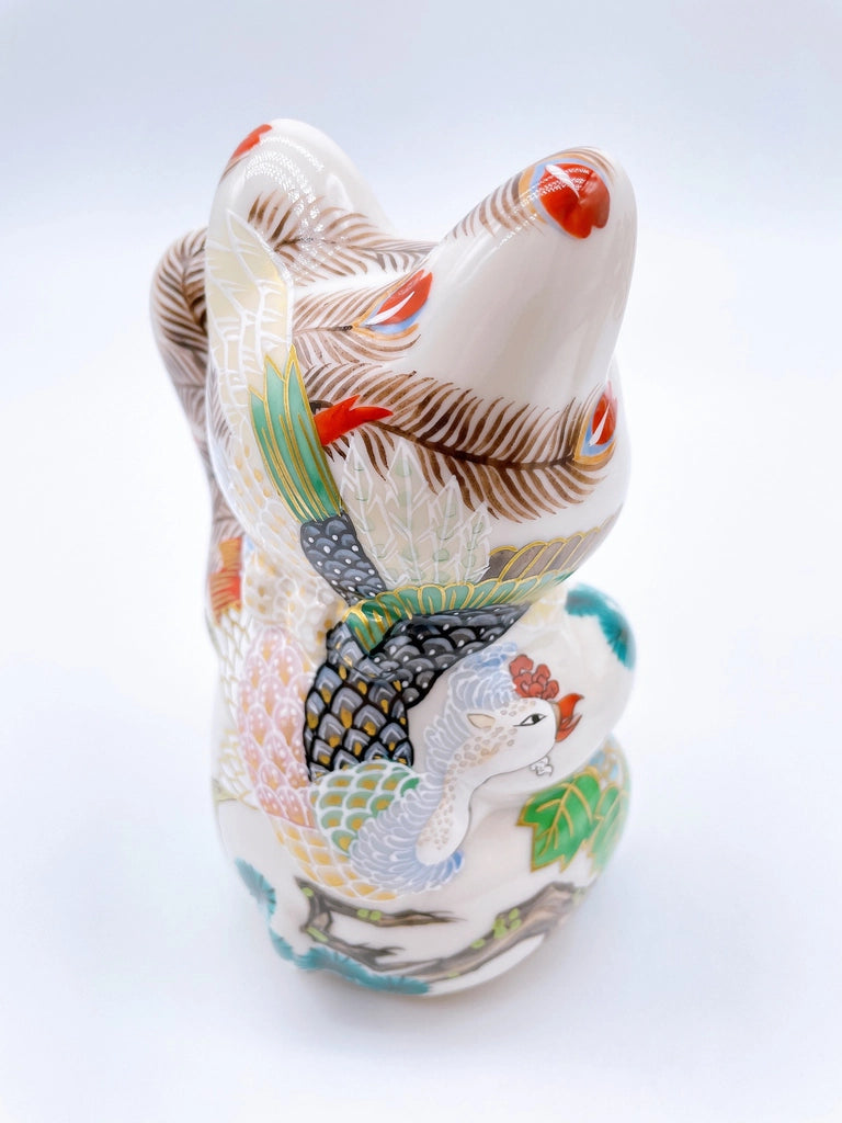 Japanese Kiyomizu-style lucky cat with white phoenix design