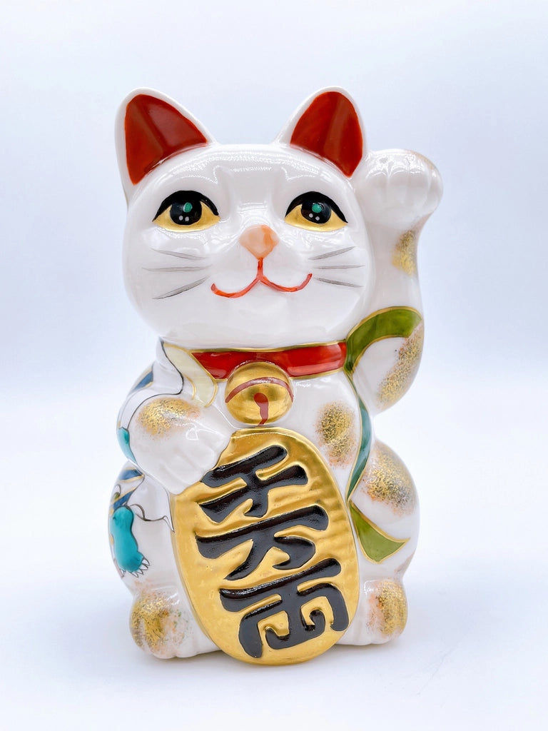 Japanese Kiyomizu-yaki lucky cat image with wind and thunder gods.