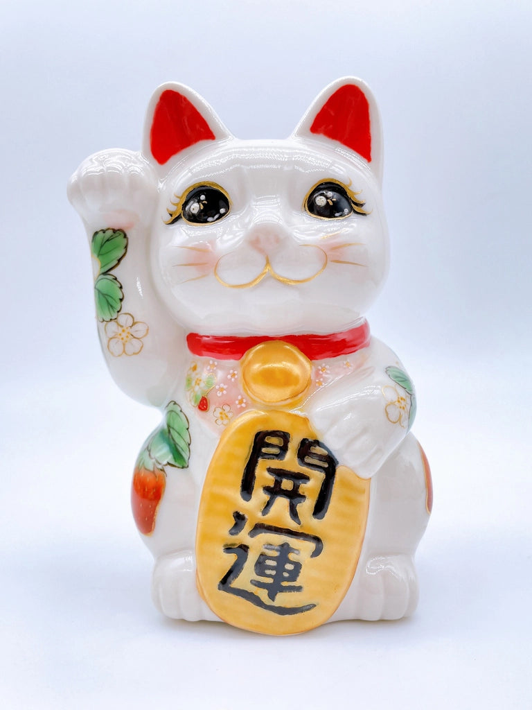 Japanese Shimizu-yaki lucky cat with white strawberry