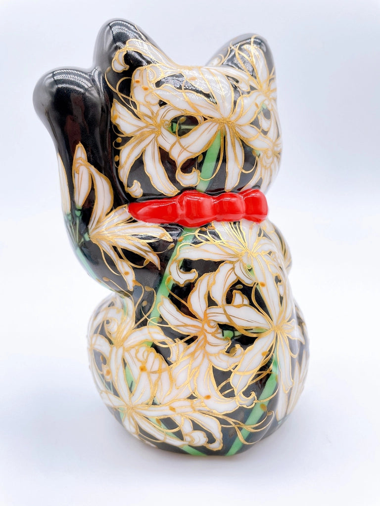 Japanese Kiyomizu-yaki lucky cat with manjusaka flowers