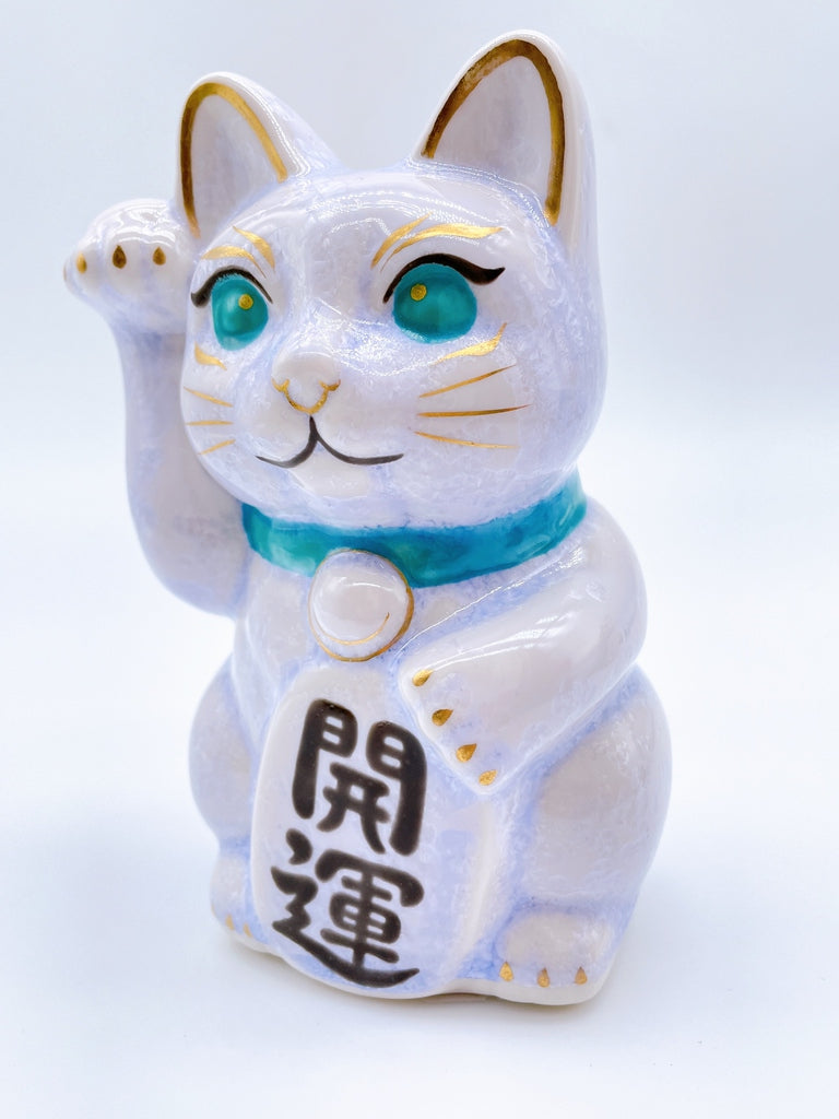 日本清水烧招财猫 花结晶 紫蓝 开运