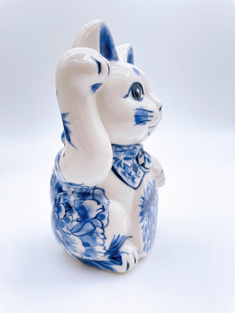 日本清水烧招财猫染付牡丹