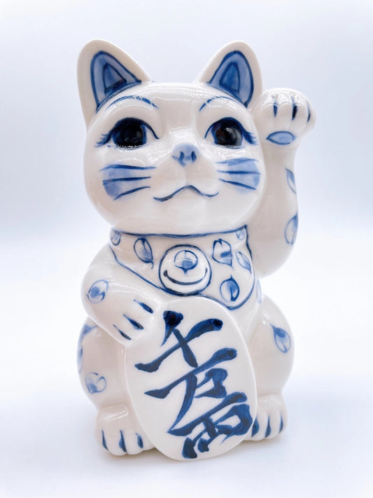 日本清水燒招財貓 染付 千萬両 左手