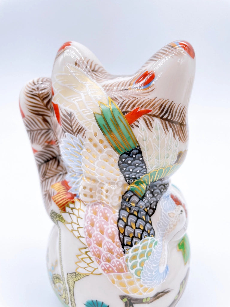 Japanese Kiyomizu-style lucky cat with white phoenix design