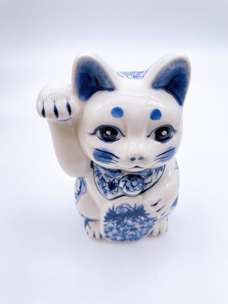 日本清水烧招财猫染付牡丹