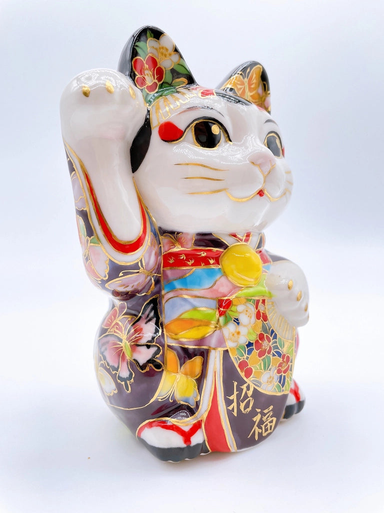 Japanese Kiyomizu-yaki lucky cat enamel painting Maiko Butterfly