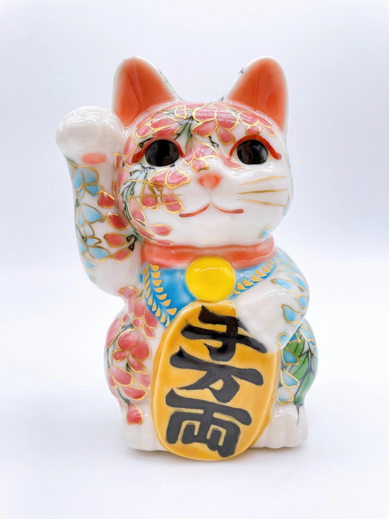 Japanese Kiyomizu-style lucky cat (pink and green vines)