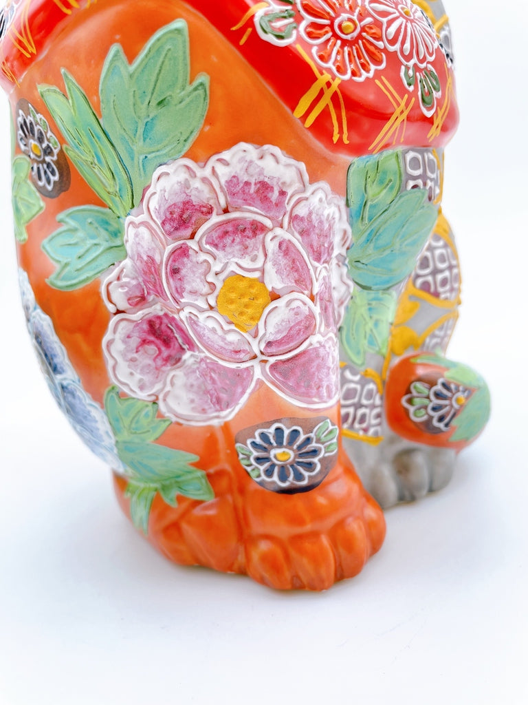 日本九谷燒招財貓 銀赤花盛 牡丹