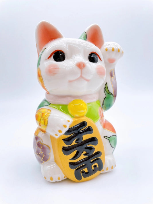 日本清水燒招財貓 白地 鬱金香