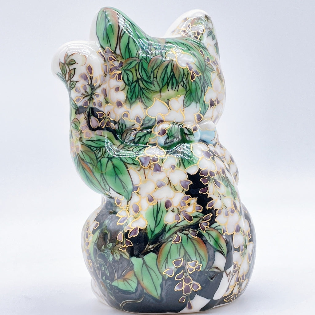 Japanese Kiyomizu-style lucky cat with black and white wisteria vines