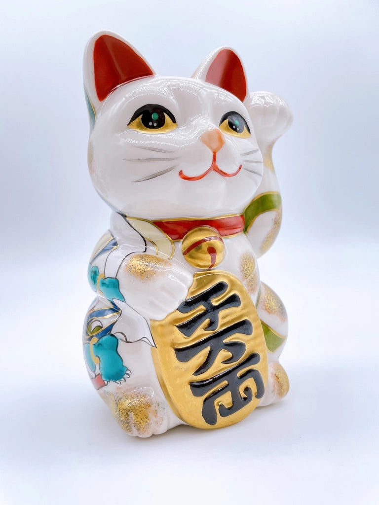 Japanese Kiyomizu-yaki lucky cat image with wind and thunder gods.
