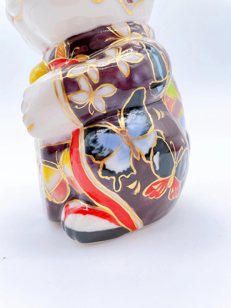 Japanese Kiyomizu-yaki lucky cat enamel painting Maiko Butterfly